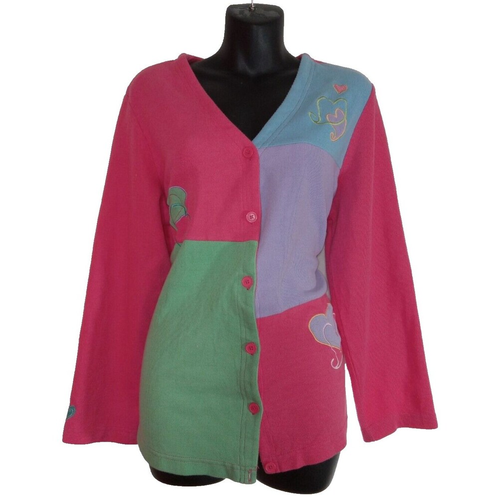 Blair Women's VTG 90's Teacher Sweater Cardigan Patchwork Knit Pastel Heart SZL
